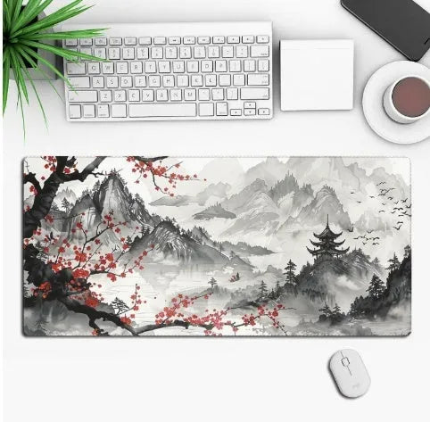 Custom anime graphic gaming mouse pad with non-slip rubber base on a desk.