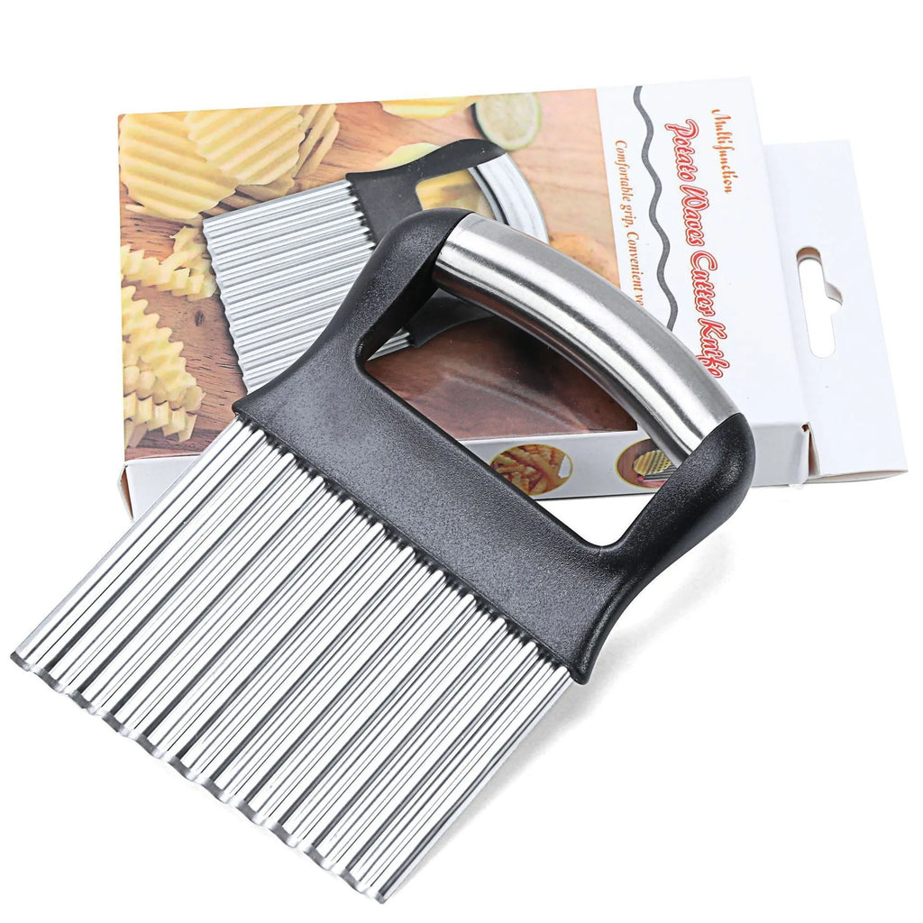 Stainless steel potato wave knife for cutting crinkle chips, shown in black on a kitchen surface.