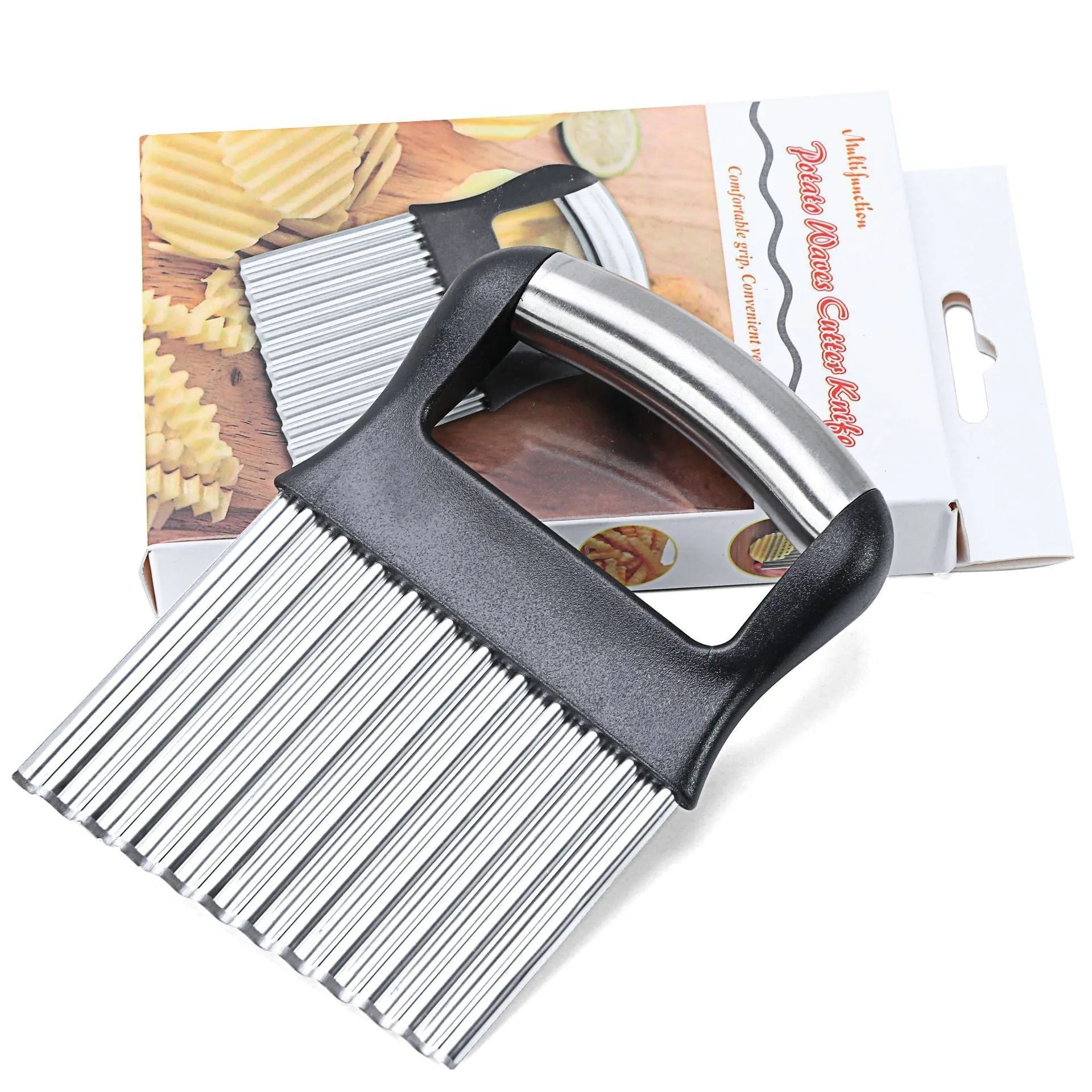 Stainless steel potato wave knife for cutting crinkle chips, shown in black on a kitchen surface.