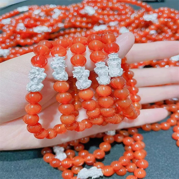 Natural crystal stone powder cat eye bracelet hand-woven silver with pink cat eye stones