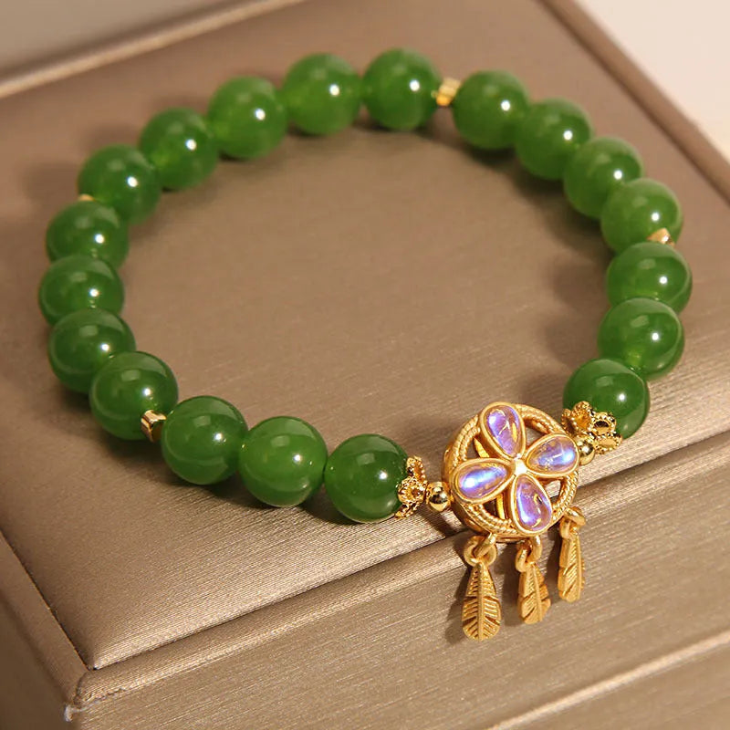 Green jasper crystal bracelet with four-leaf clover dream catcher pendant, women's original design jewellery