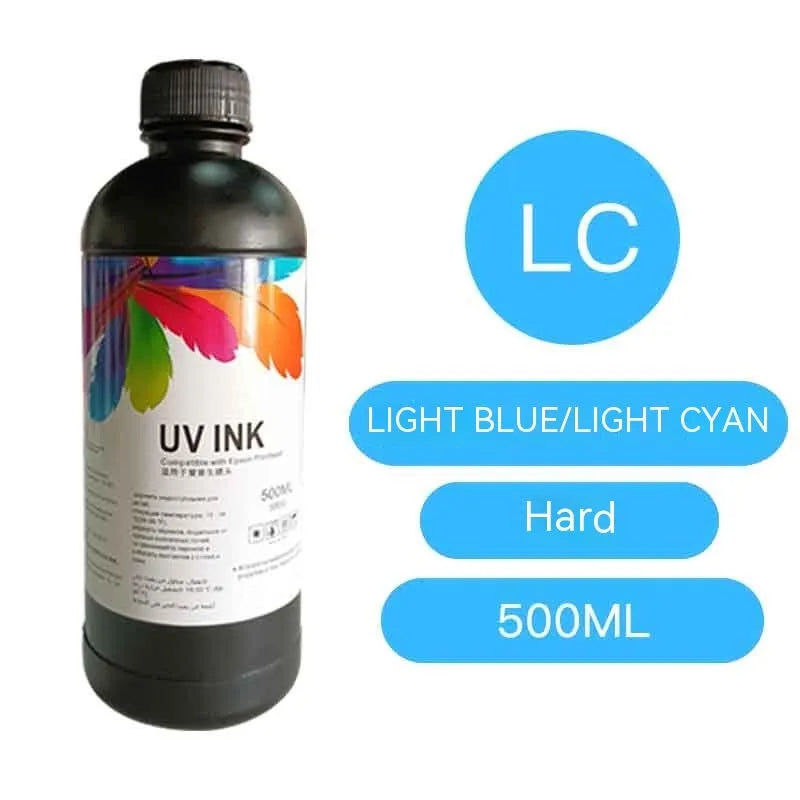 500ml bottle of Epson UV printer ink for XP600 TX800 F186000 F189000 models, showing colour options.