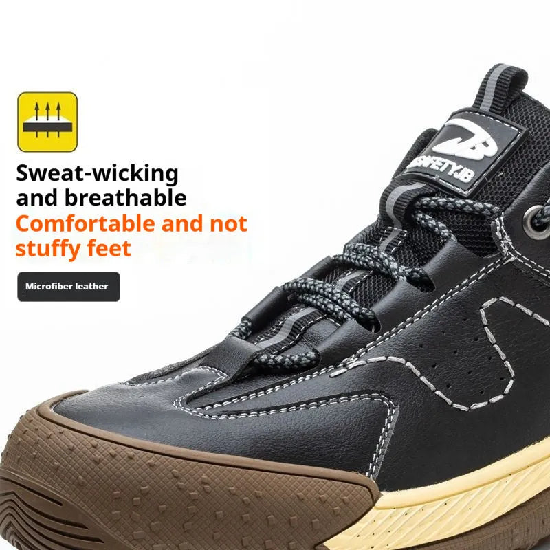 Flyknit work safety shoes in leather with rubber sole for construction and warehouse use