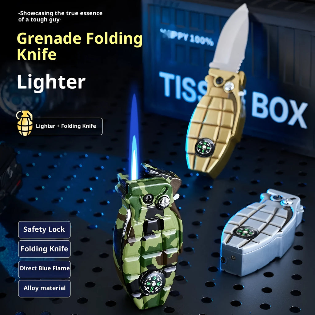 Grenade-shaped windproof metal lighter with knife, Antique Silver brushed finish