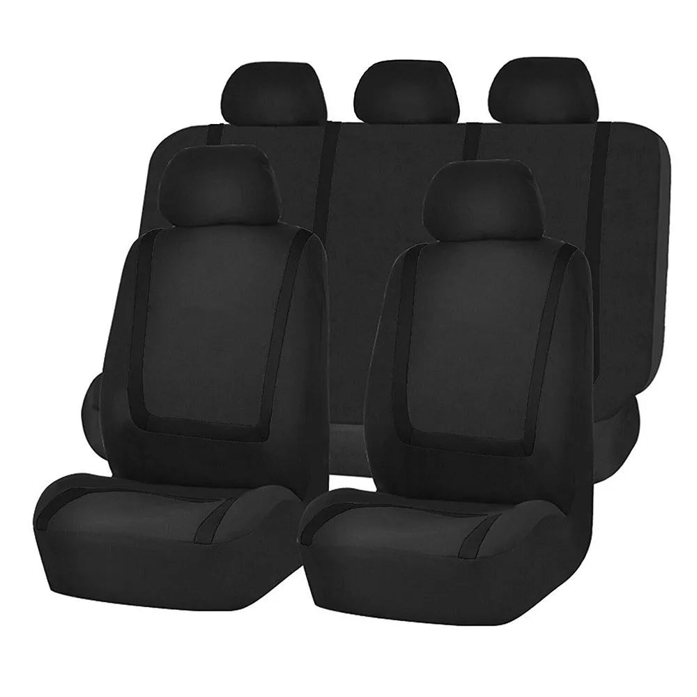 Fully enclosed fabric car seat cover set shown in a two-tone colour on a vehicle seat.