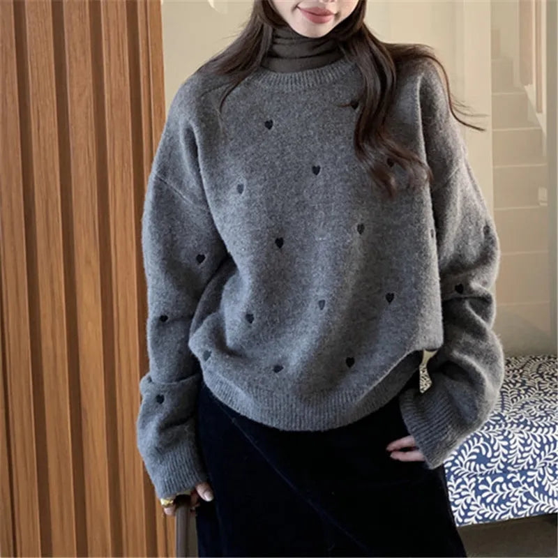 Women's loose crew neck pullover sweater in milky white with love embroidery and long sleeves