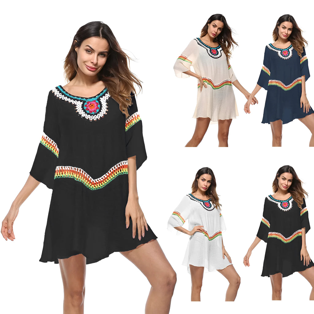 Crocheted ethnic style beach cover-up in polyester fabric for sun protection during swimming