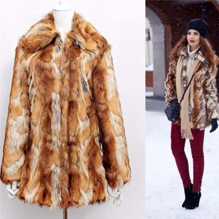 Women's slim-fit tiger print faux fur jacket on a hanger, showing long sleeves and medium length.