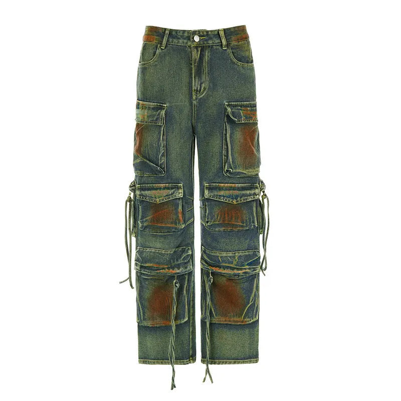 Loose cargo denim trousers with retro colour gradient pockets and multiple storage compartments