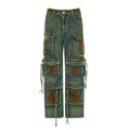 Loose cargo denim trousers with retro colour gradient pockets and multiple storage compartments