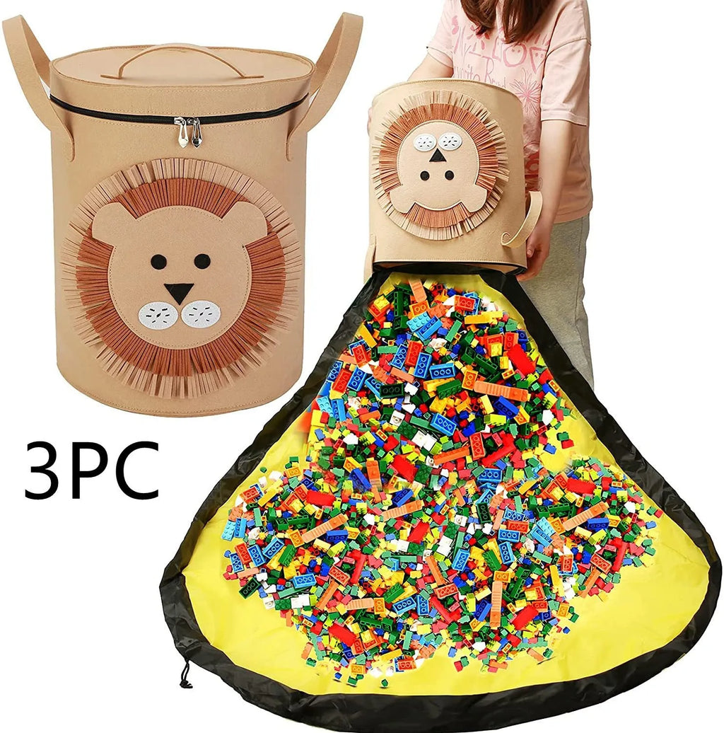 Green felt storage bag converted into a toy play mat with pull rope closure