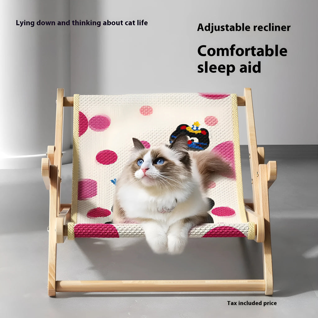 Sisal cat scratch board with solid pine frame and integrated cat bed in polka dot black meow colour option