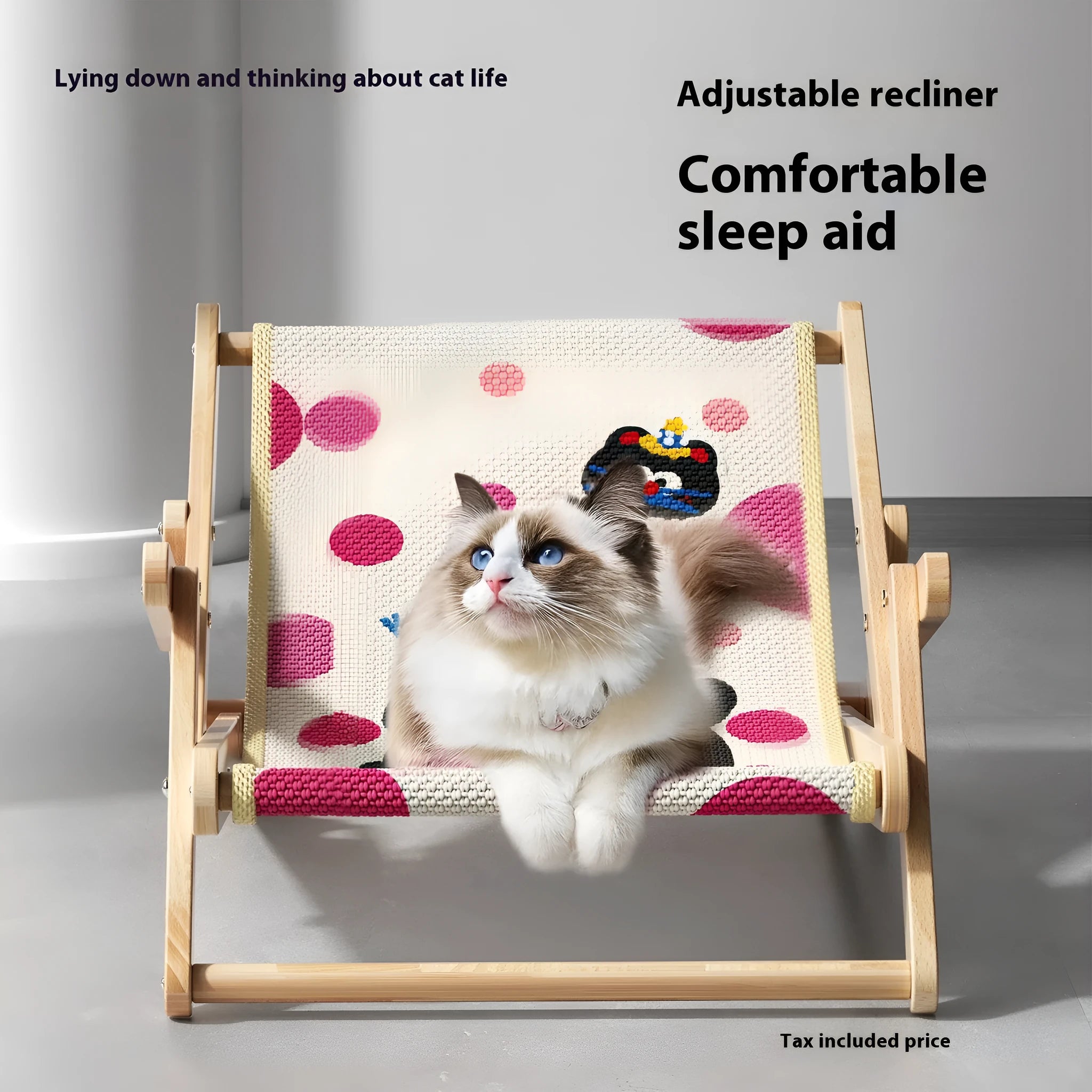 Sisal cat scratch board with solid pine frame and integrated cat bed in polka dot black meow colour option