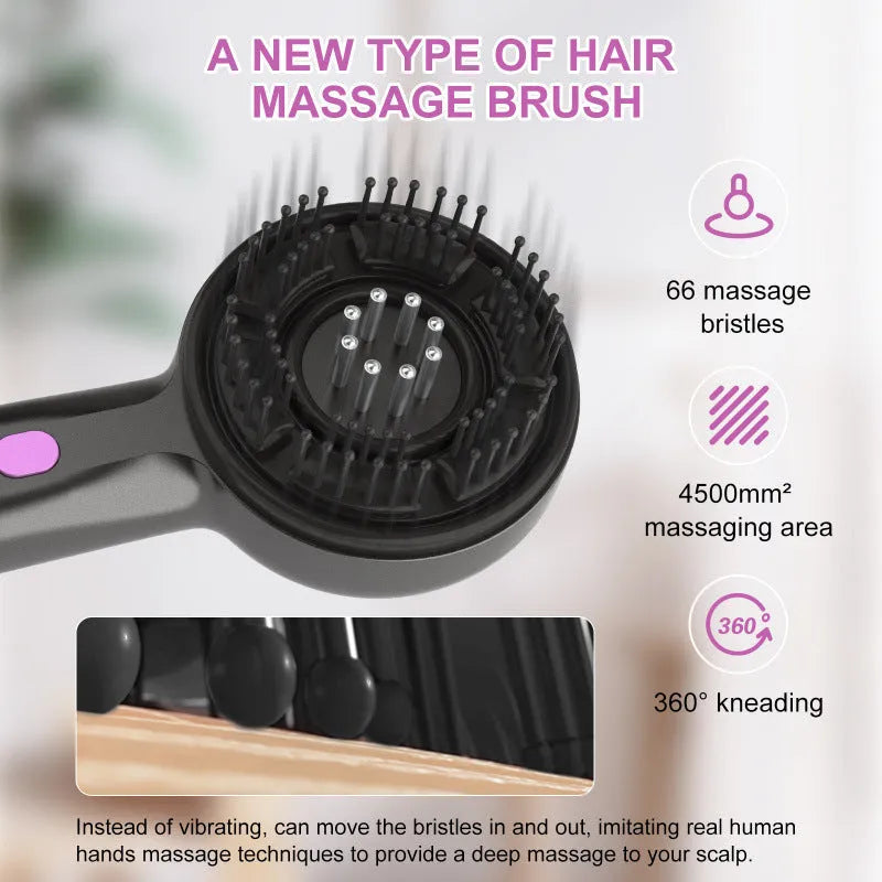Black USB-powered head massager with a comb head and mechanical speed control switch