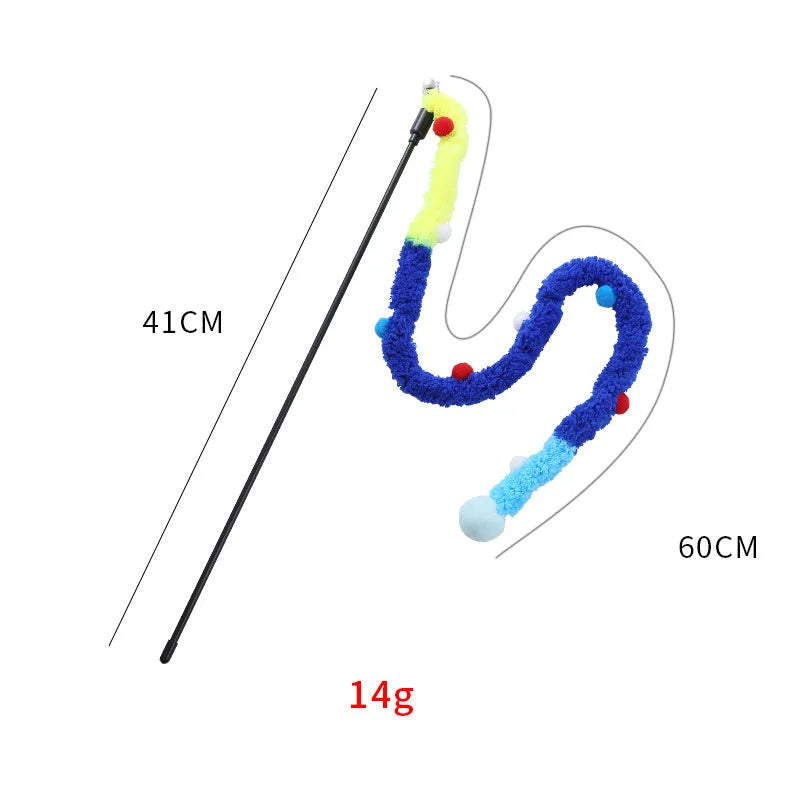 Cat wand toy with plush strip and colourful balls with bells for interactive feline play
