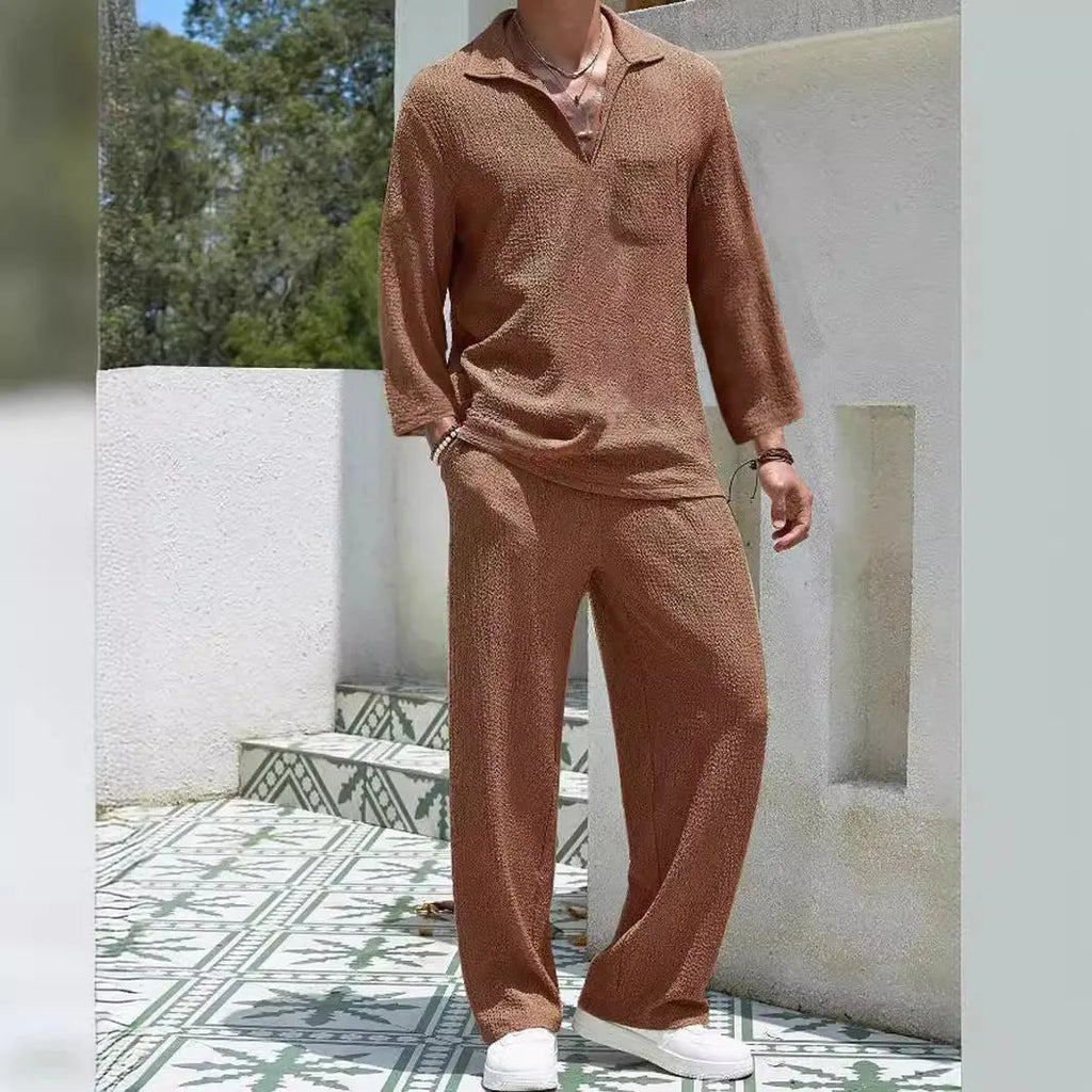 Men's casual polyester commuter suit with shirt and trousers in lake blue, khaki, black, or caramel colours