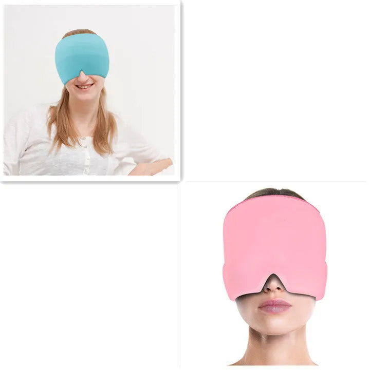 Black elastic cloth gel eye mask for headache relief measuring 22cm by 17cm