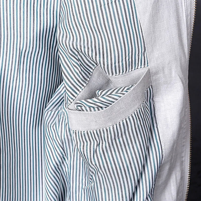 Men's thin cotton linen jacket in blue, grass green, or heather gray on a hanger.