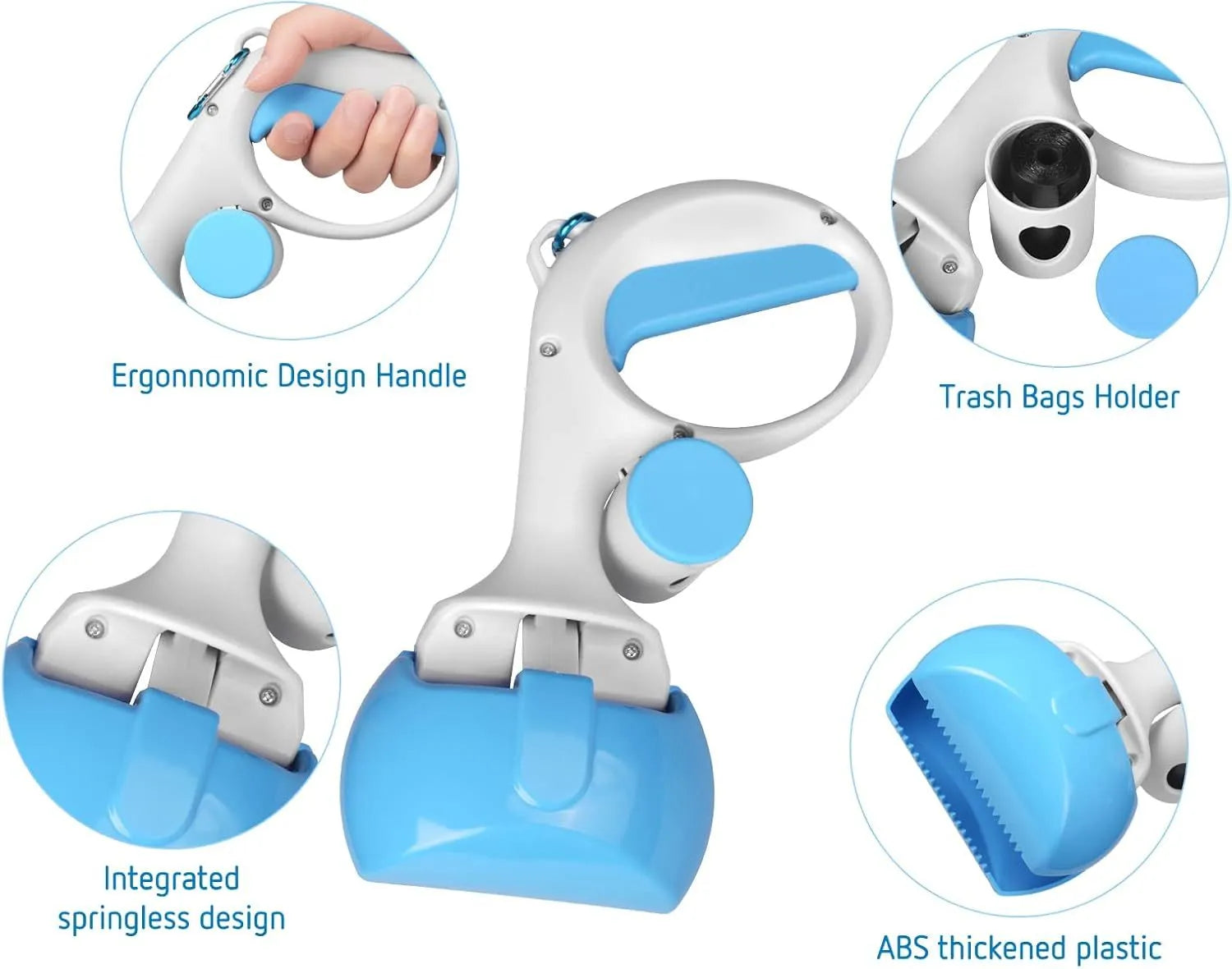 Heavy-duty ABS plastic pet pooper scooper with integrated trash bag holder in black, blue, red, or yellow.