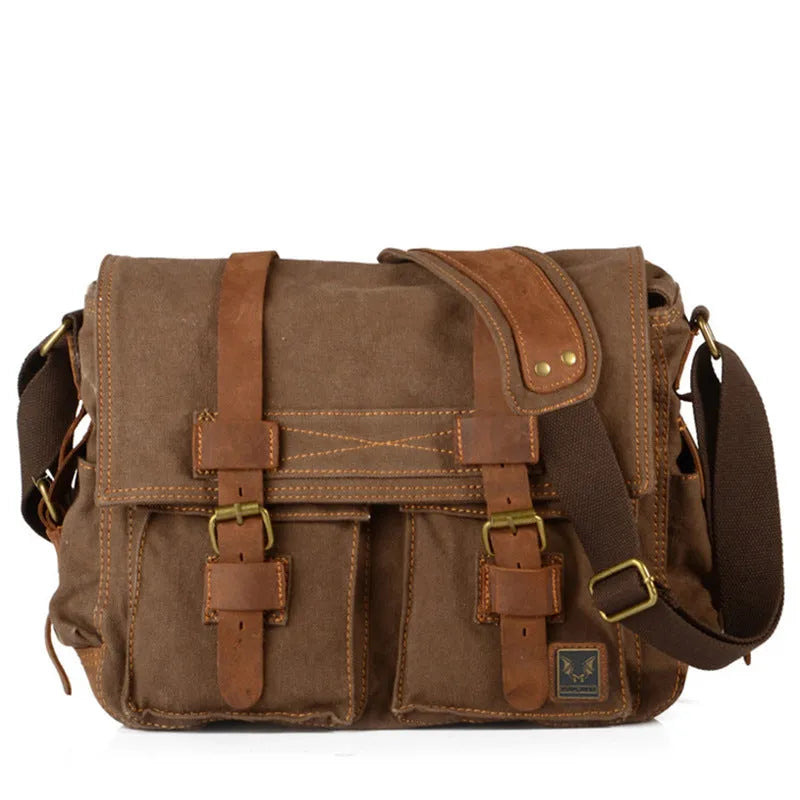 Men's army green canvas crossbody shoulder bag with a brown leather flap and single strap.