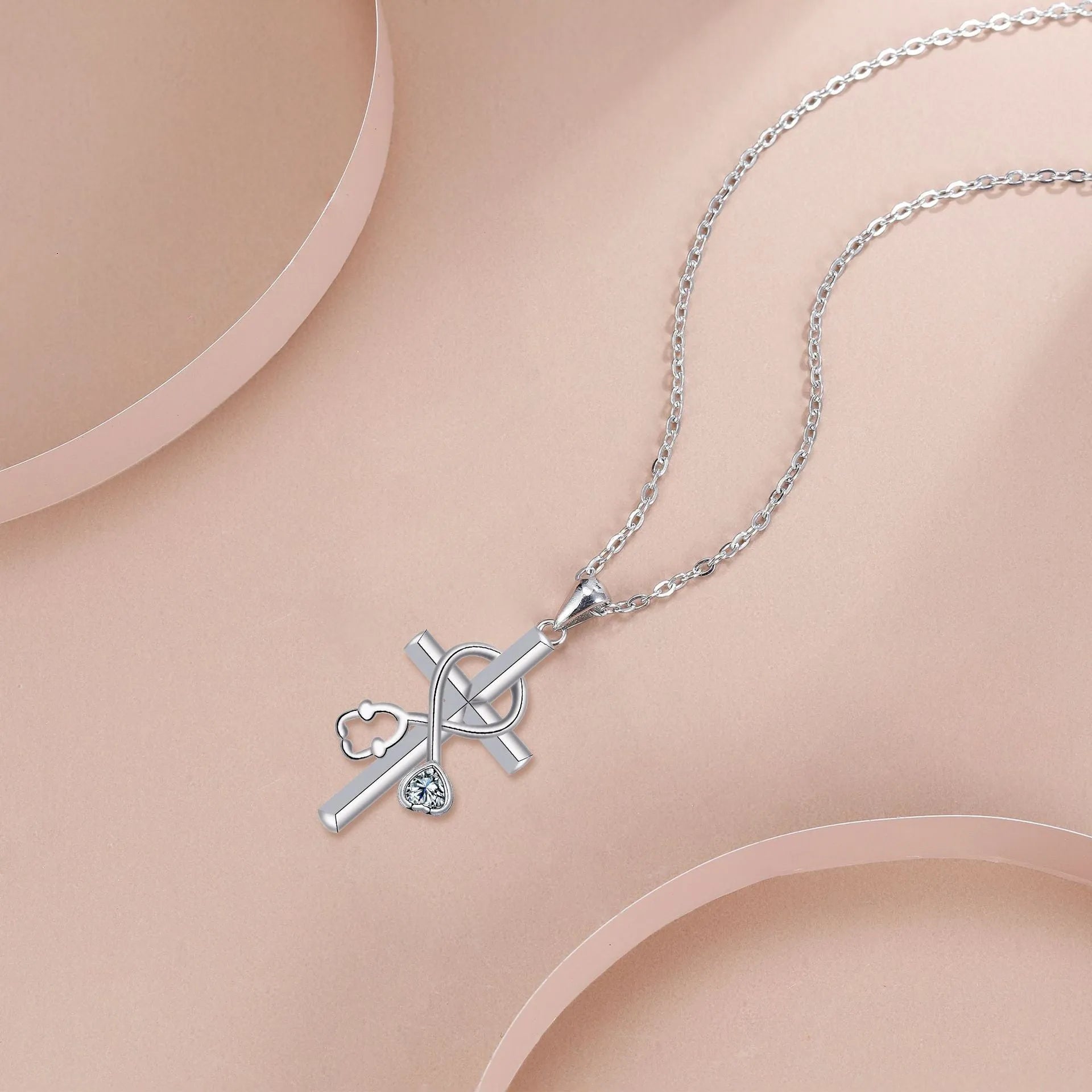 Cross stethoscope necklace with electroplated copper pendant on cross chain