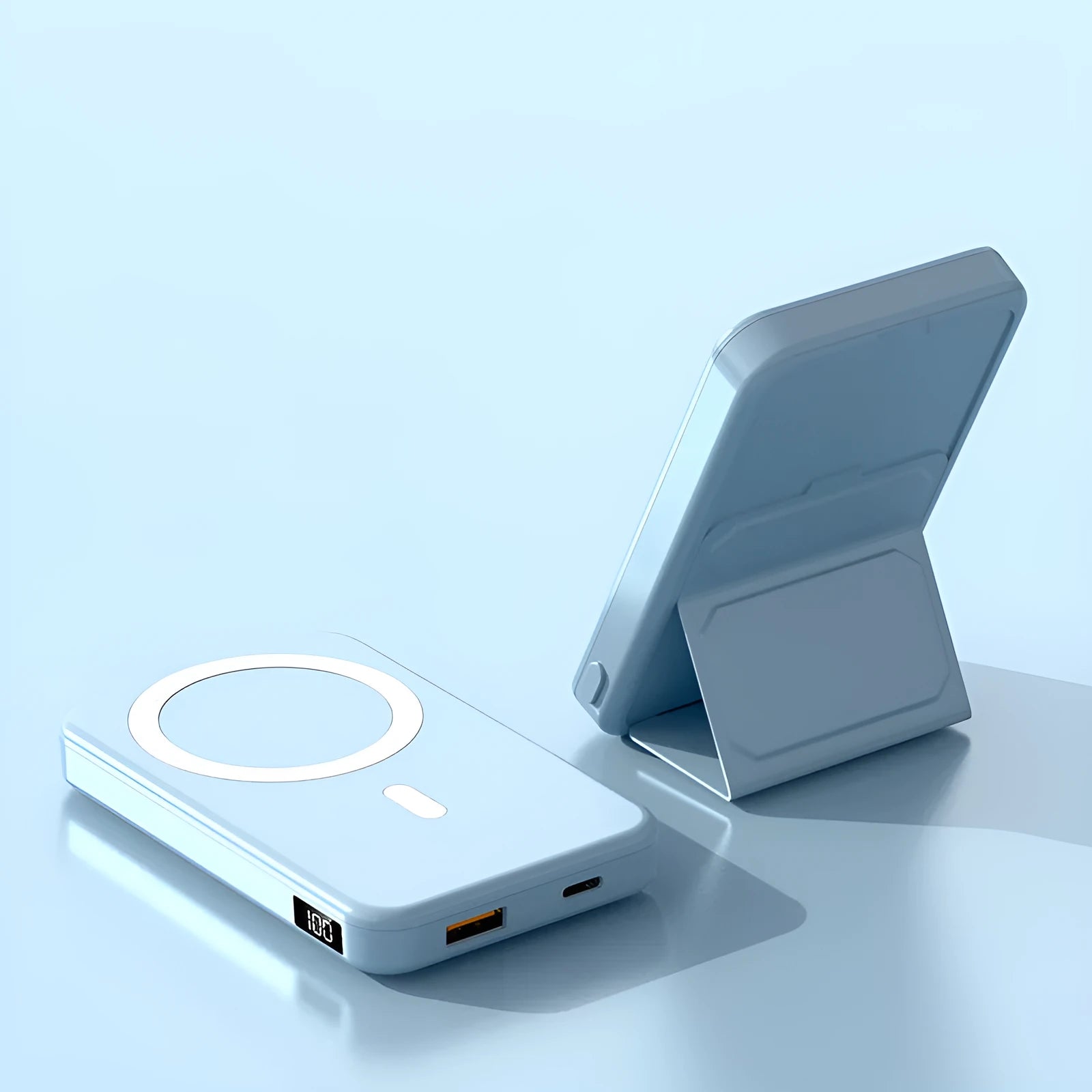 Magnetic wireless charging power bank with folding stand in pearl white colour.