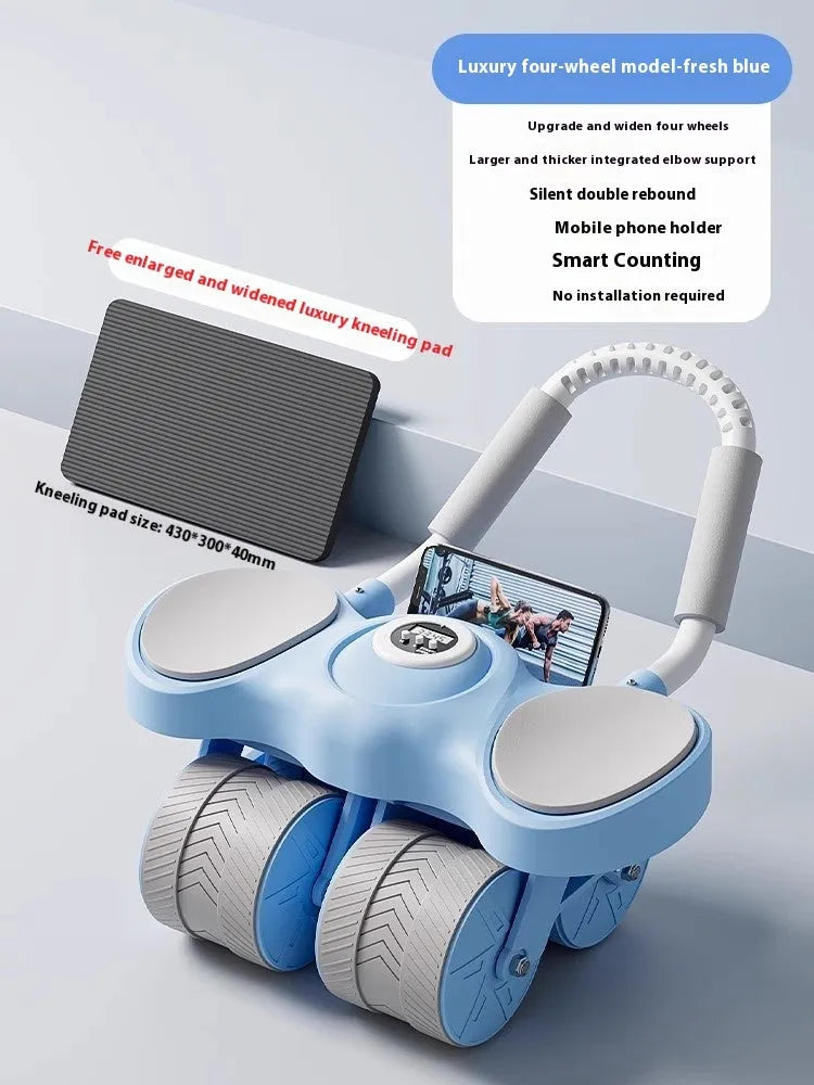Abdominal exercise wheel with elbow support pad and automatic rebound mechanism