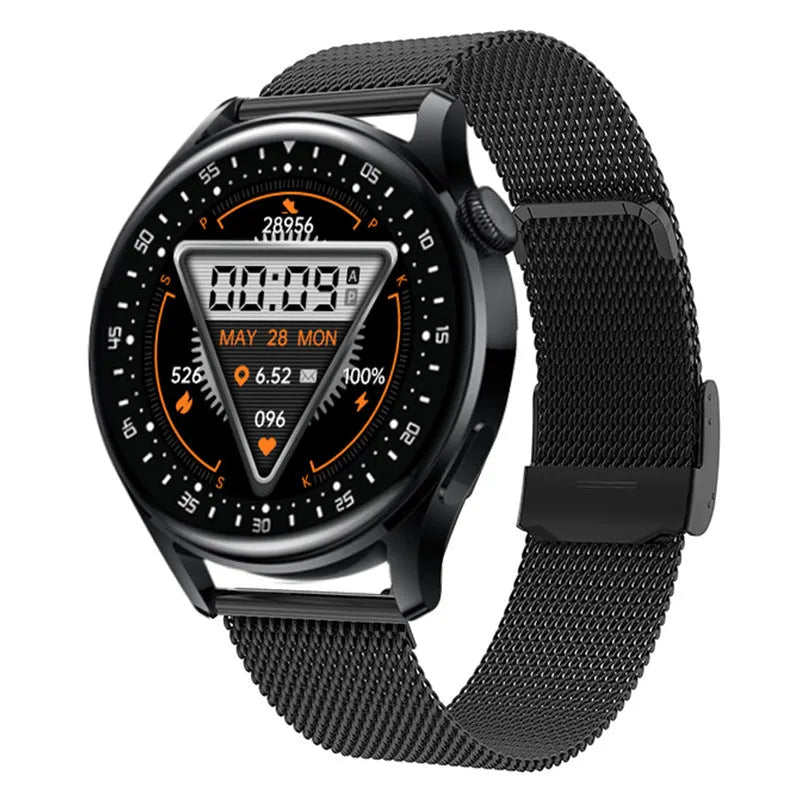 Black sports health monitoring smart watch with 1.32 inch screen and silicone wristband showing step counting interface