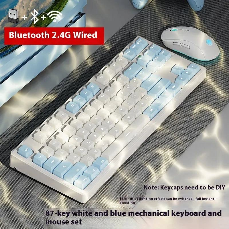 Wireless mechanical keyboard with three connection modes, shown in a choice of 87-key or 108-key layouts and various colour themes.
