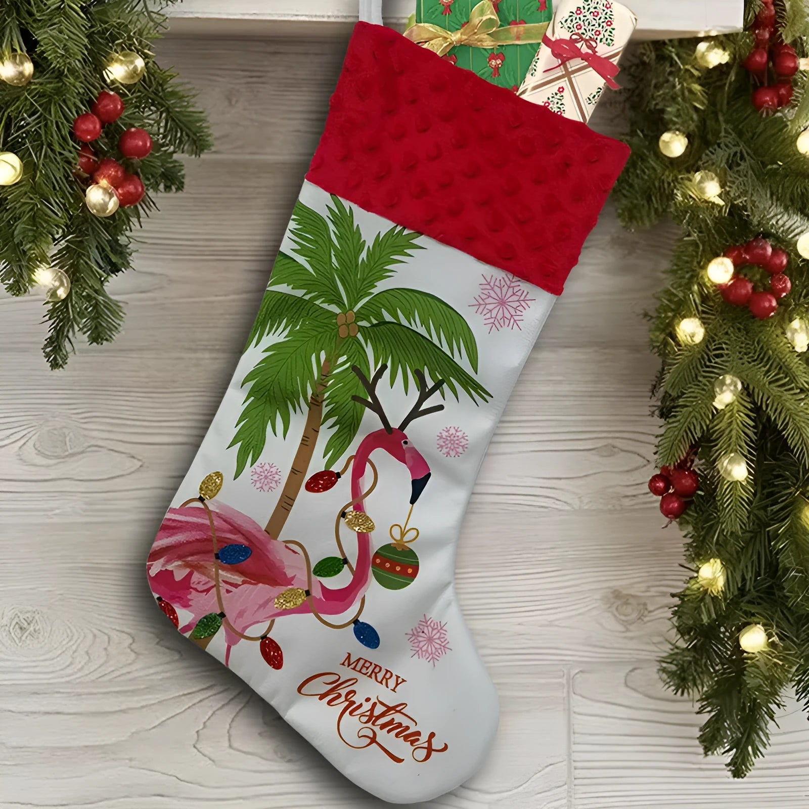 Large red cloth Christmas stocking decoration with 46cm height measurement