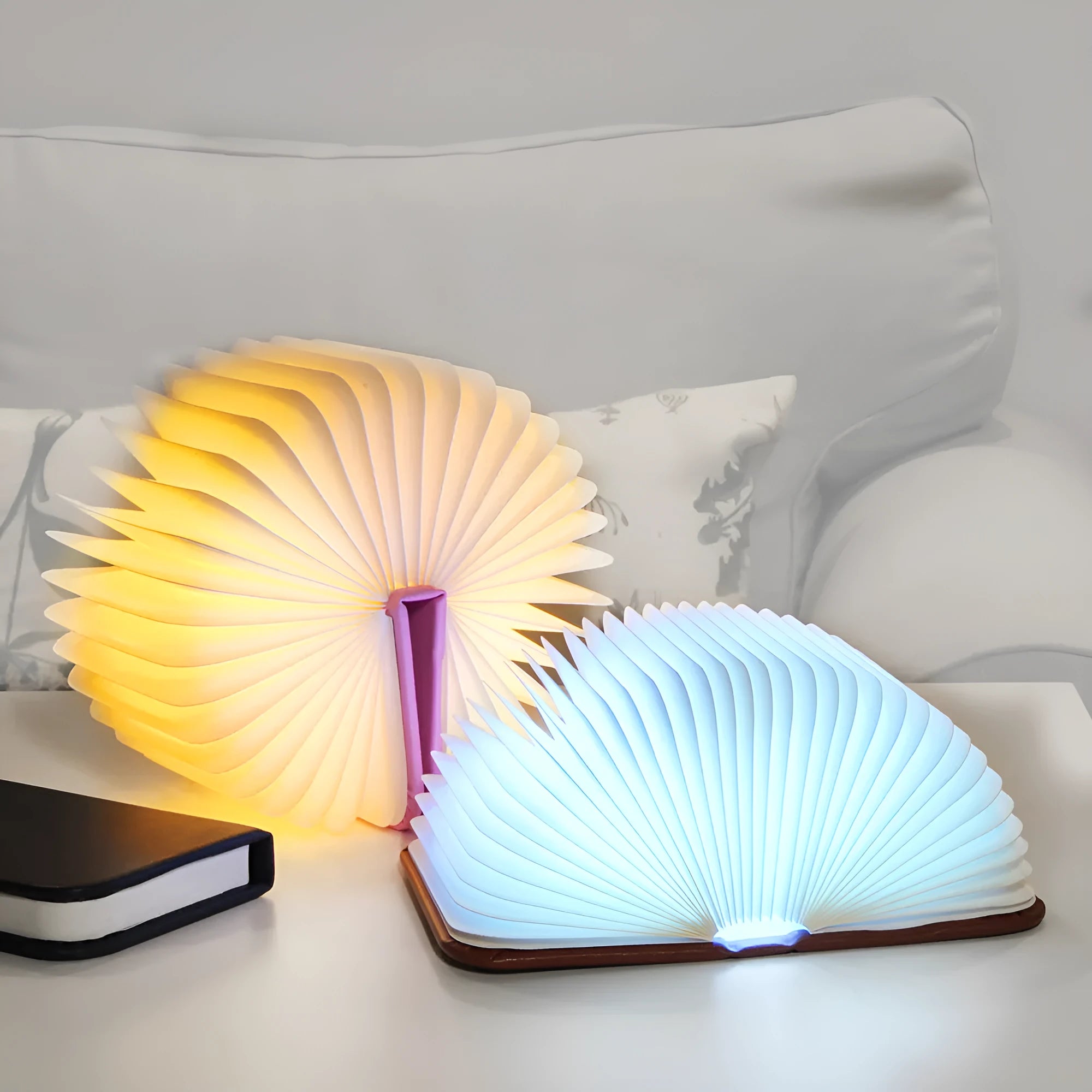LED mini folding table lamp with parchment lampshade in book shape, USB powered, pull wire switch, blue colour