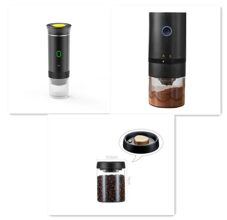 3-in-1 portable espresso maker in white with USB charging cable and ground coffee capsule compartments