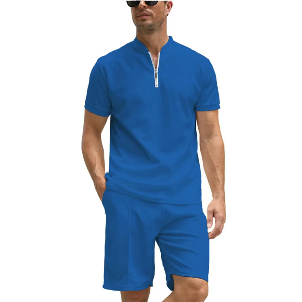 Men's solid colour polo shirt and trouser two-piece set in beaded bird's eye fabric