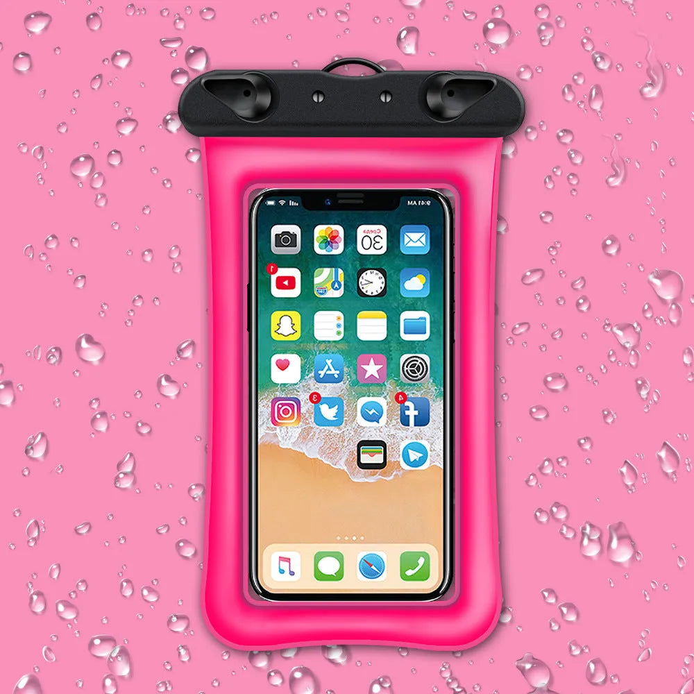 Orange waterproof phone pouch with black neck rope on a blue background.