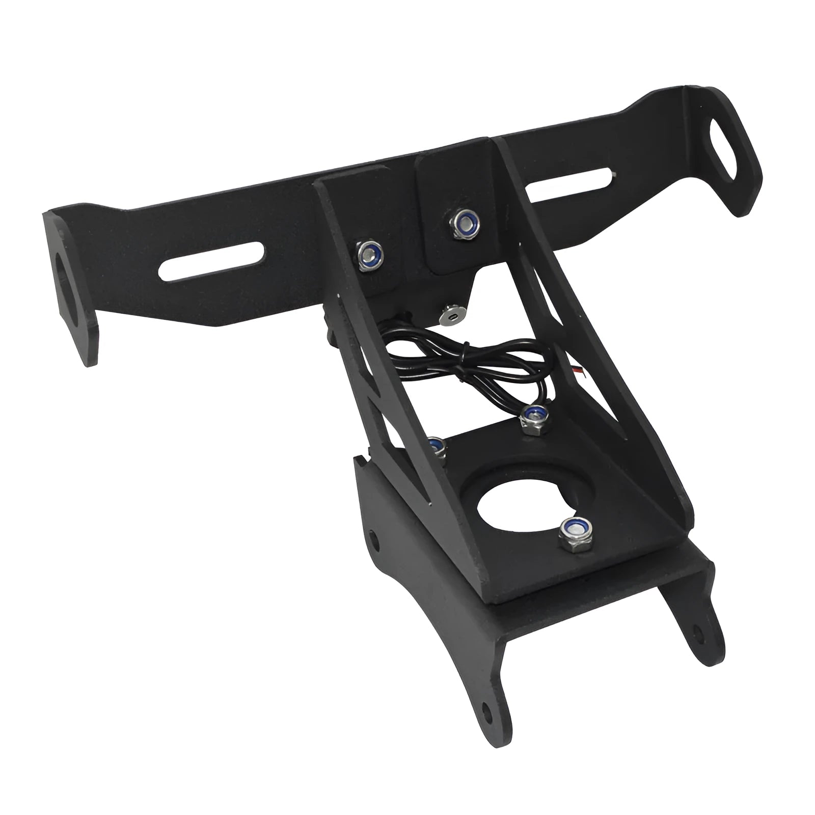 Black aluminium rear licence plate bracket for Honda motorcycles on a white background.