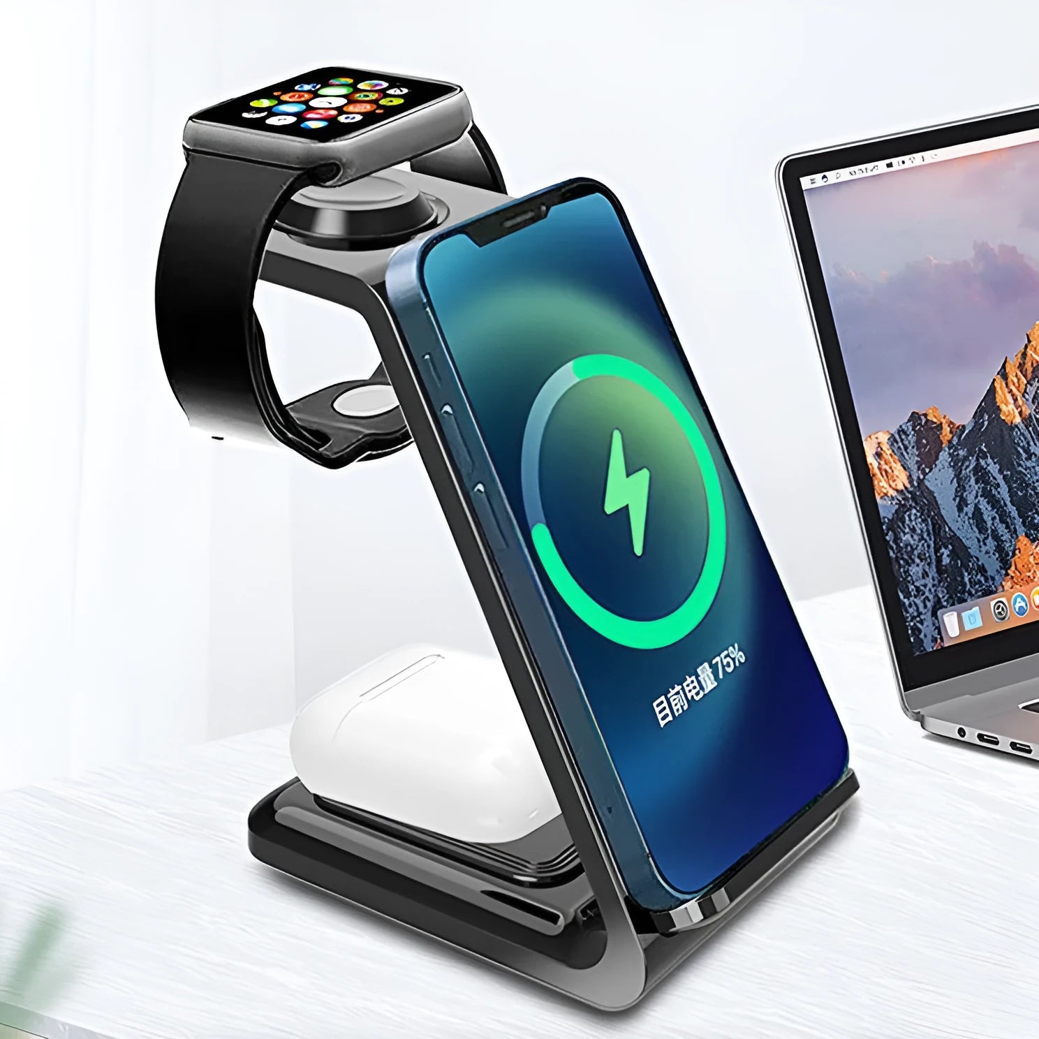 White upright wireless phone charger with dual coil design and phone in charging position