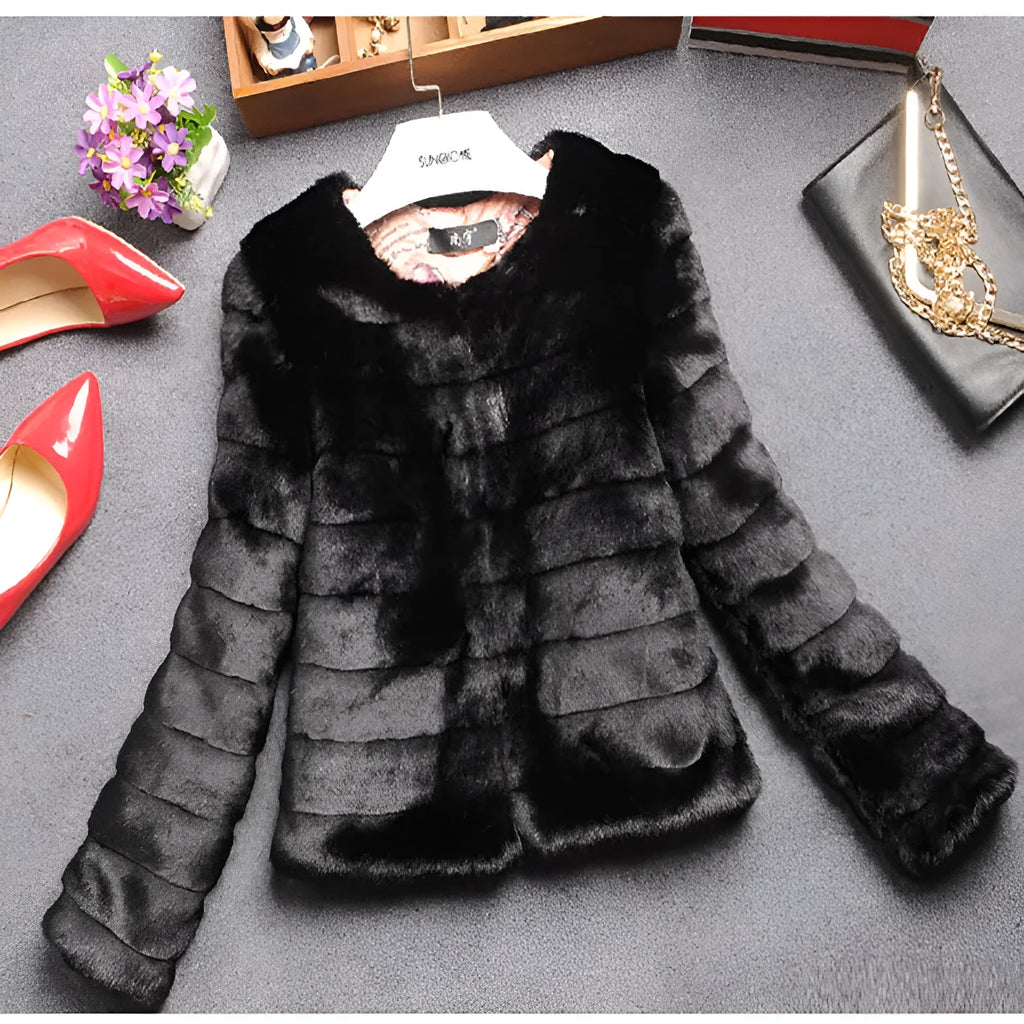 Women's white faux fur short sleeve street fashion top showing rabbit-style texture