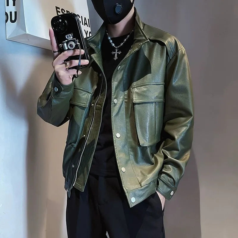 Men's black Korean style straight hem PU leather jacket for spring and autumn wear.