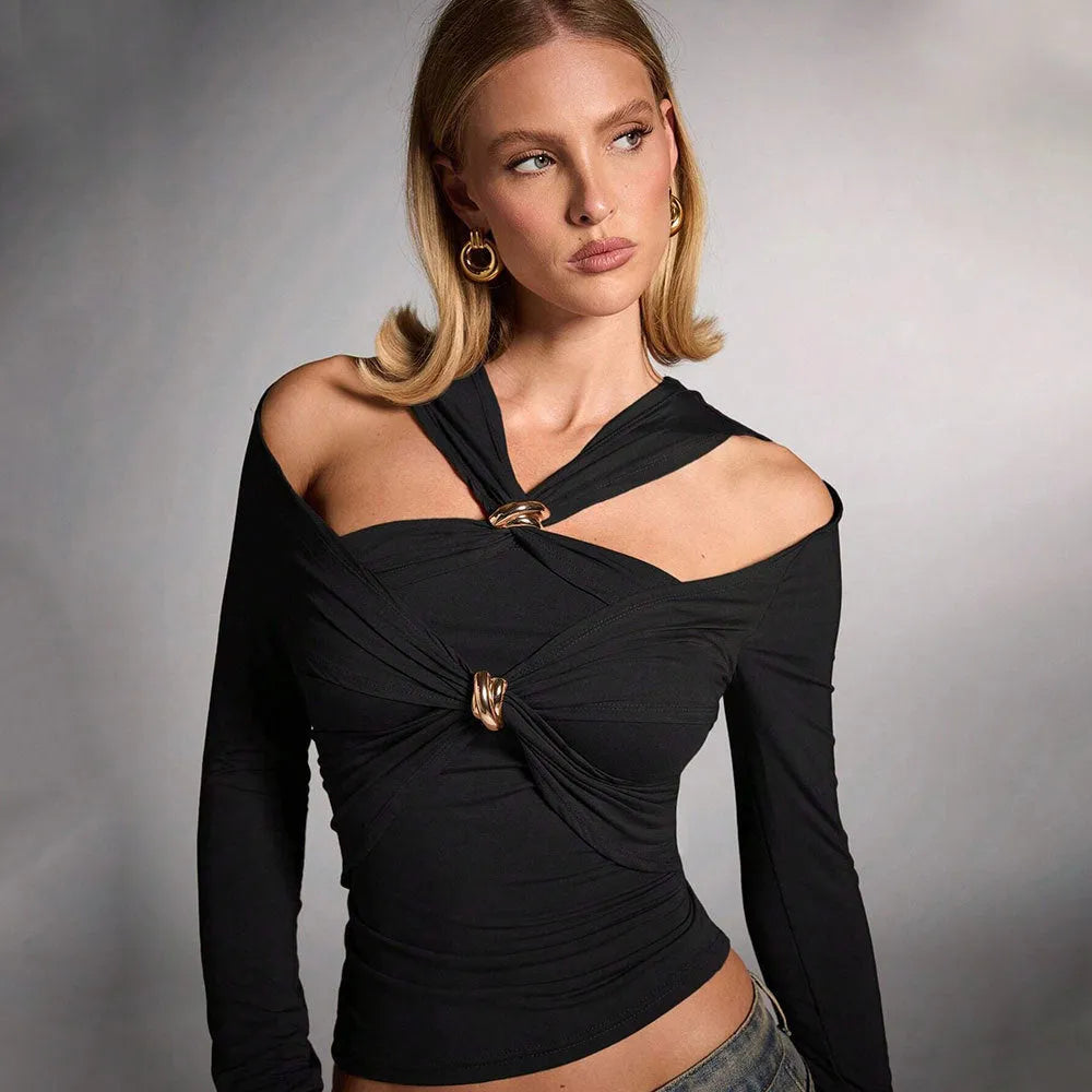Black women's slim fit halter top with strapless shoulder-baring design.