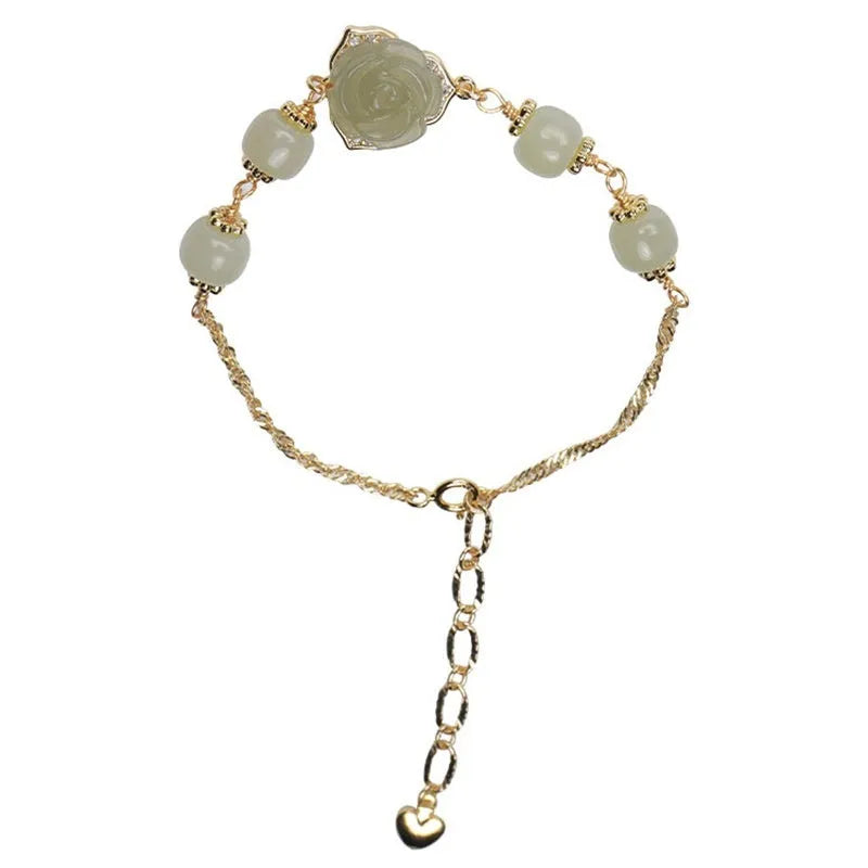 Women's Hetian jade bracelet with rose flower design and 14K gold plating, literary style