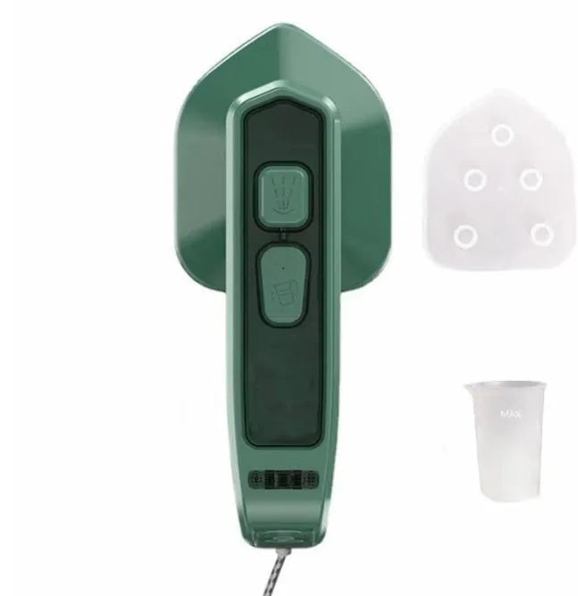Dark green portable hanging steam iron with ceramic panel and power cord.