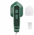 Dark green portable hanging steam iron with ceramic panel and power cord.