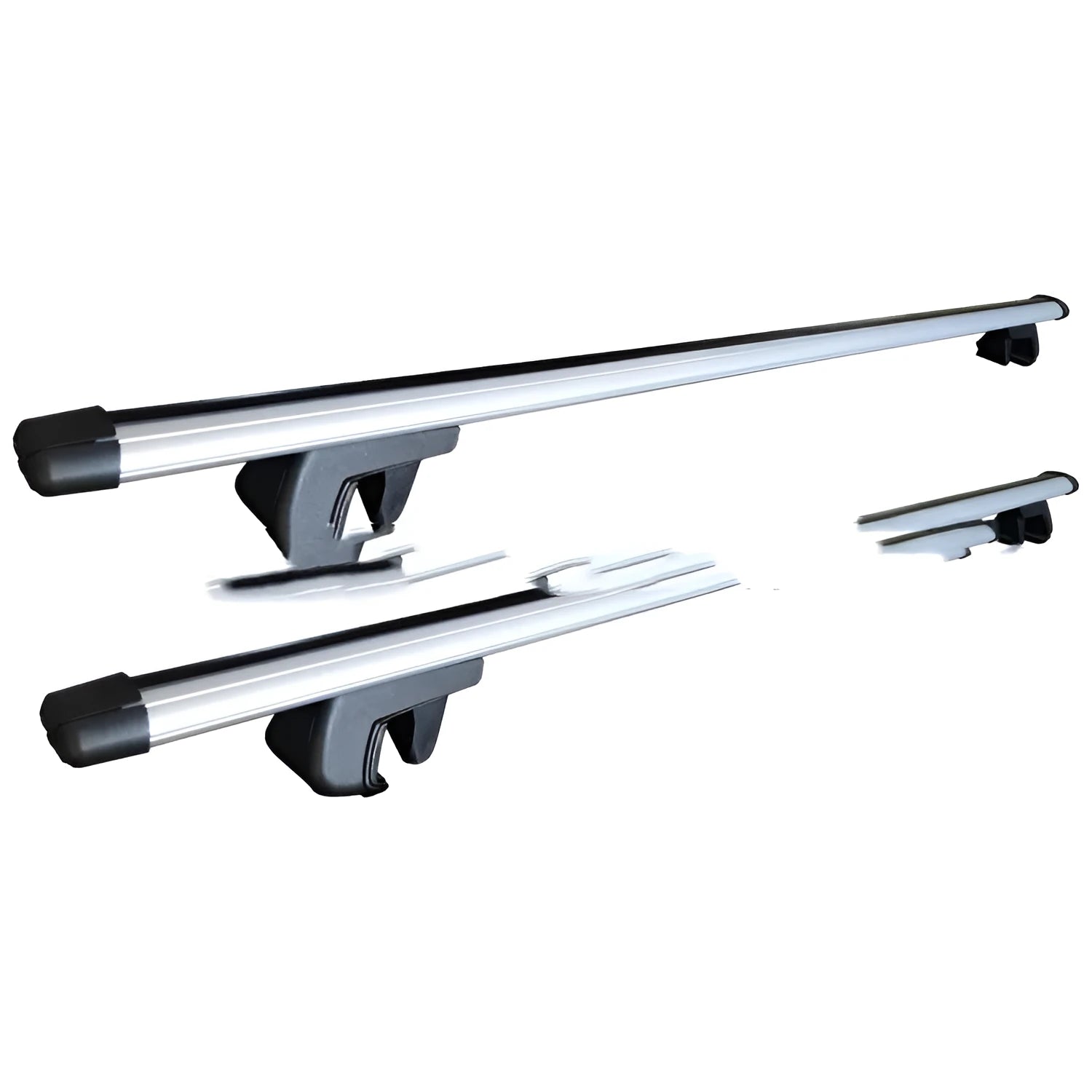 Pair of adjustable alloy roof rack crossbars for SUVs with split longitudinal poles, supporting 75kg load capacity.
