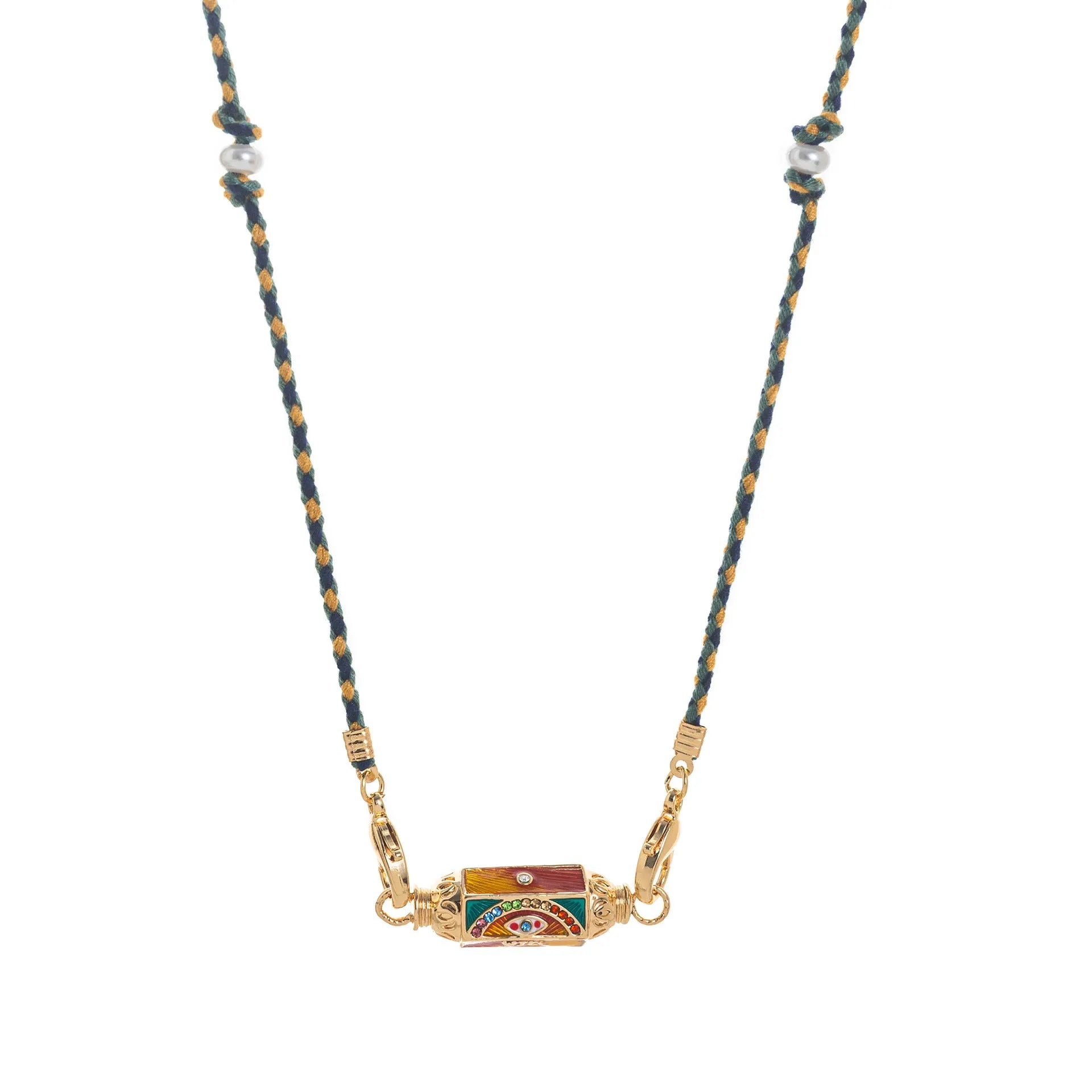 Copper geometry pendant necklace for men with star and eye motifs in blue colour on regular chain