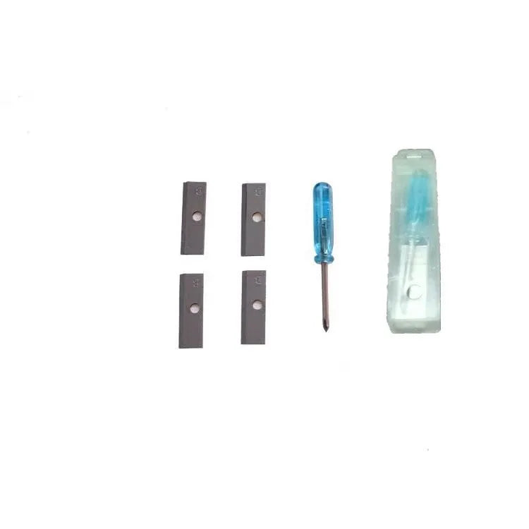 Four holes pencil sharpener with geometric plastic design and integrated screwdriver tool