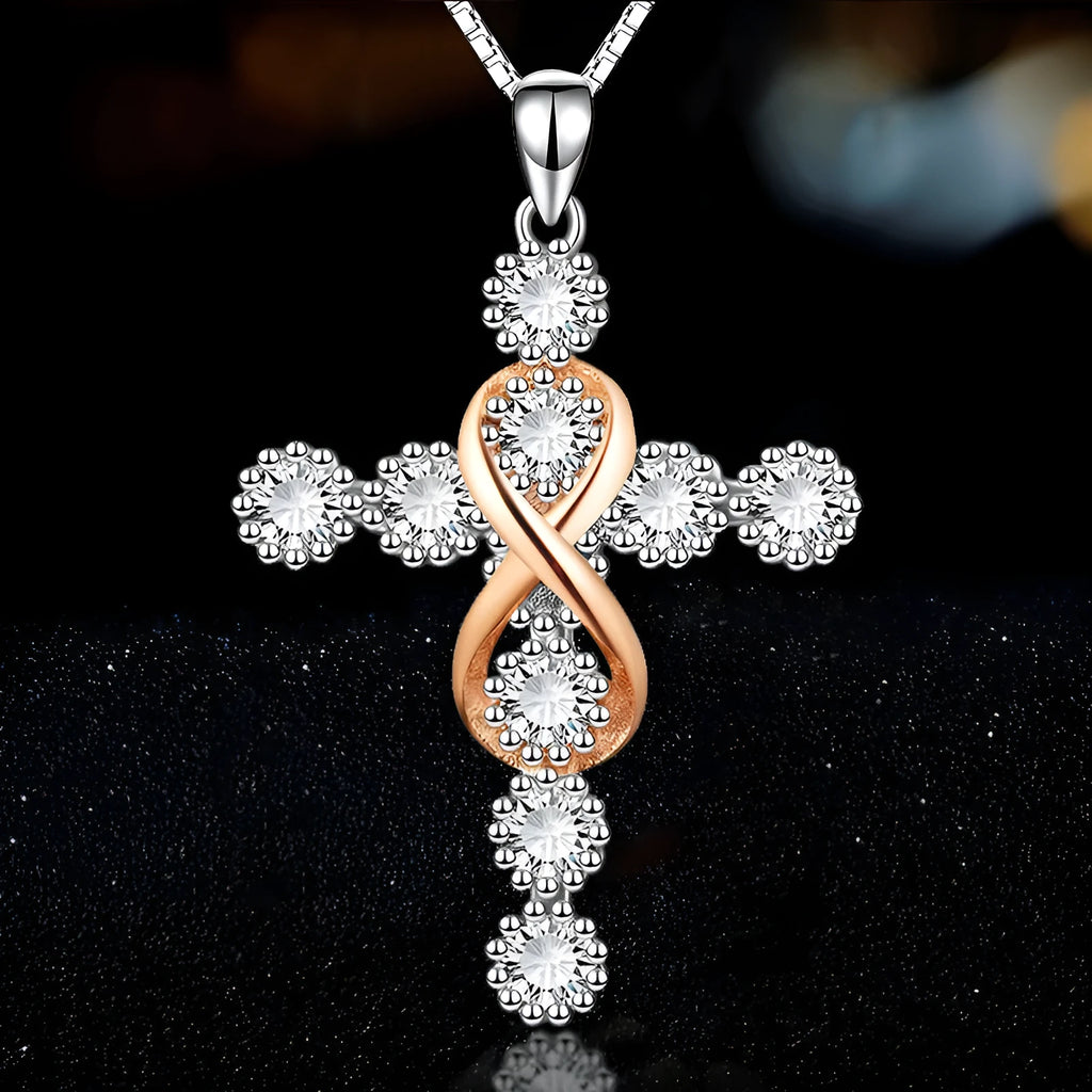 Women's faith cross 8 diamond pendant necklace in photo colour, alloy box chain, adjustable 21-50 cm