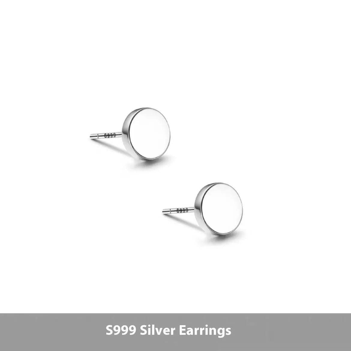 A pair of simple geometric round S999 Sterling Silver flat bone stud earrings in silver and black, showing size variation.