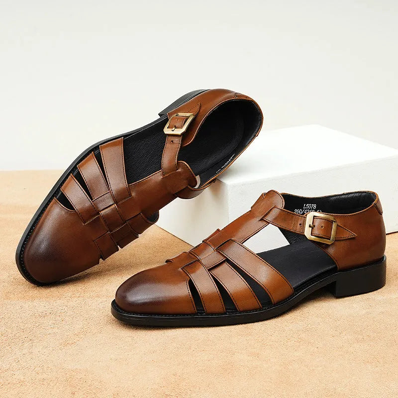 Genuine leather retro business summer men's shoes in brown and black with rubber sole