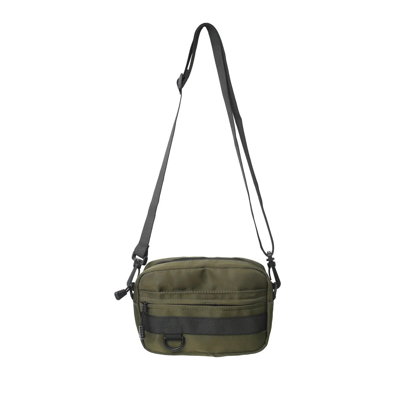 Men's black nylon crossbody messenger bag with sewing thread detail showing front view.