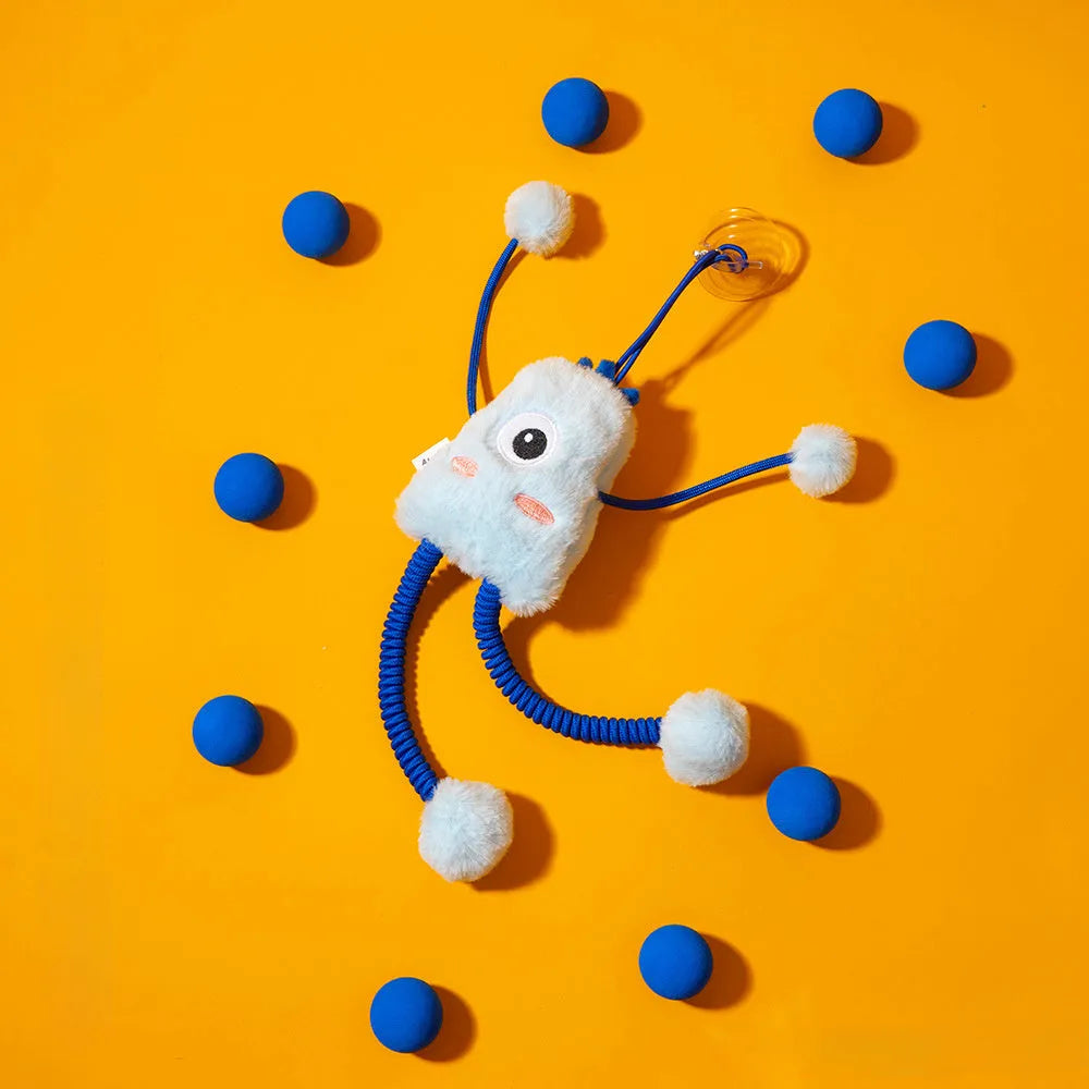Blue plush ring cat toy with elastic rope and a mint-coloured bell, shown on a white background.